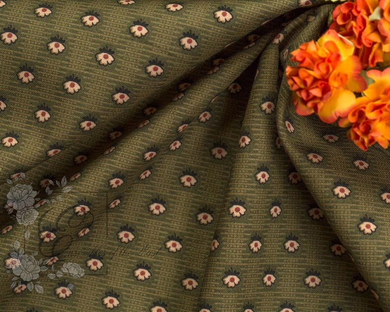 Green Floral "Diaper Print" Calico Fabric – 1800-1870 Reproduction by the yard - 45" WIDE - EP Cotton #848 image 5