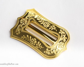 GOLD Mid 19th-Century Reproduction Buckle - Ensembles of the Past - "Shield" 6:16 design - 1825-1870 buckle - Fits a 1.5" ribbon/belt