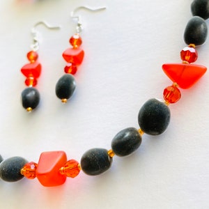 Sea Glass & RARE Mgambo Seeds / Sustainable Hawaiian Velvet Jewelry - Bright Orange