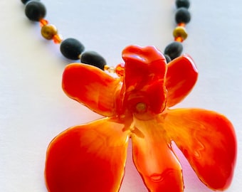 REAL orchid, RARE Mgambo Seeds / Fresh Water Pearls / Sustainable Hawaiian Velvet Jewelry - Necklace and Earrings