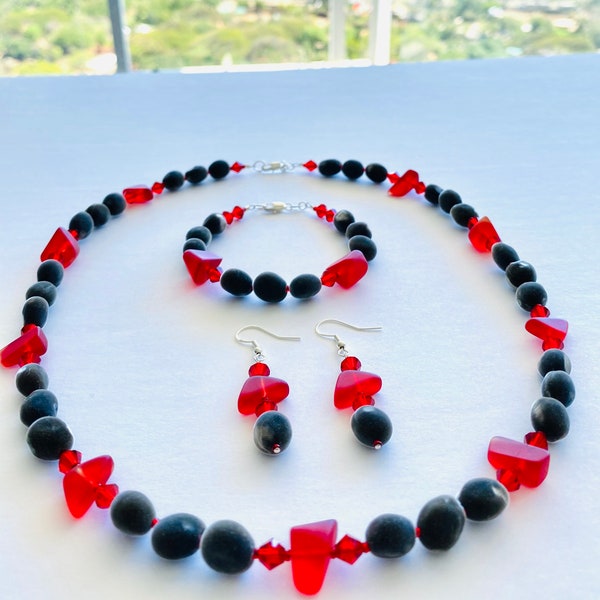 Sea Glass & RARE Mgambo Seeds / Sustainable Hawaiian Velvet Jewelry - Red