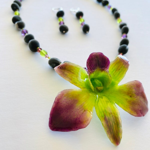REAL orchid & RARE Mgambo Seeds / Sea Glass / Sustainable Hawaiian Velvet Jewelry - Necklace and Earrings