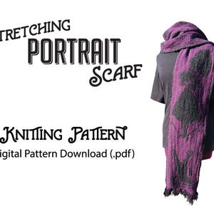 Może przedstawiać: Wzór na szydełkowanie na szalik "Stretching Portrait Scarf" w kolorze fioletowym i szarym, pobranie cyfrowe. Wzór jest dostępny w formacie PDF.