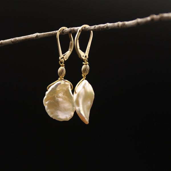 Keishi Pearl Petal Earrings-White Baroque Pearl Dangle Earrings in 14k Gold Fill-Valentine's Day Gift-Bridal Earrings-June Birthstone