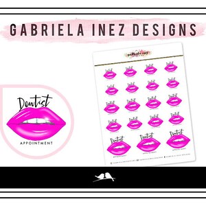Puede incluir: Una hoja de pegatinas rosas y blancas con un diseño de labios rosas y el texto "Cita con el dentista".