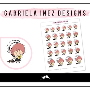 May include: A sheet of stickers featuring a cartoon chef character holding a takeout box. The stickers are designed in a cute, minimalist style with a pink and white color scheme. The text "Gabriela Inez Designs" appears at the top of the sheet.