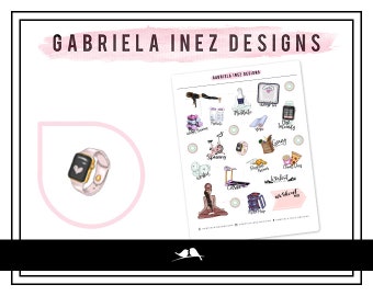 May include: A sheet of stickers with illustrations of various workout activities, including yoga, cycling, weight training, and more. The stickers are designed in a pink and white color scheme with black outlines. The text "Gabriela Inez Designs" appears at the top of the sheet.
