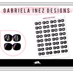 May include: A sheet of stickers featuring sunglasses with numbers 1-30. The sunglasses are black with a gradient of pink, purple, and blue. The text "GABRIELA INEZ DESIGNS" is at the top of the sheet. There are two additional stickers with the text "WILD" in white letters on black sunglasses.