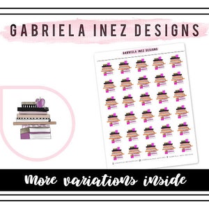 May include: The image features a sheet of stickers with a stack of books design, a pink apple, and the text "GABRIELA INEZ DESIGNS." A smaller illustration of the same design is on the left. The bottom text reads "More variations inside."