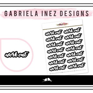 Puede incluir: Una hoja de pegatinas imprimibles para planificadores con la frase "work out" repetida en una fuente cursiva negra.