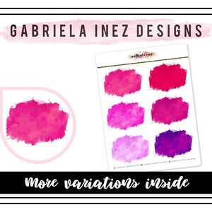 Puede incluir: Una hoja de pegatinas de acuarela rosa, púrpura y roja con el texto "Gabriela Inez Designs" en la parte superior. El texto "more variations inside" está en la parte inferior de la hoja.