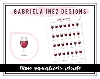 May include: A sheet of stickers featuring 36 red wine glass illustrations. The stickers are arranged in a grid pattern. The text "Gabriela Inez Designs" appears at the top of the sheet. The text "more variations inside" appears at the bottom of the sheet.