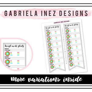 Puede incluir: Una hoja imprimible con un diseño colorido para hacer un seguimiento de los objetivos de fitness. La hoja incluye secciones para el entrenamiento, los pasos de hoy, las calorías y las metas. El texto "beast mode stats" está en la parte superior de la hoja.