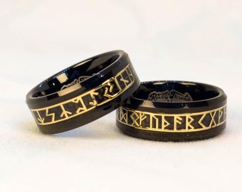Anel de carboneto de tungstênio com runas vikings: joias pagãs douradas e pretas