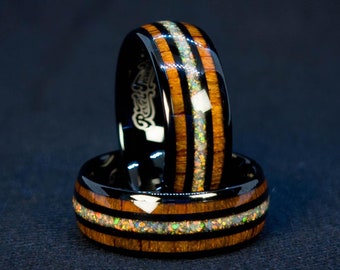 Anel de barril de uísque com opala de fogo: carboneto de tungstênio preto, 8 mm, joia unissex