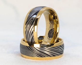 Anel de carboneto de tungstênio: faixa dourada e com padrão zebra, 8 mm, joia unissex