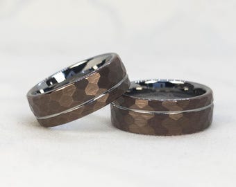 Anel de tungstênio Honeycomb: incrustação de prata texturizada marrom café, aliança unissex de 8 mm