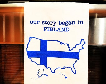 our story began in FINLAND dish towel+Finnish American gift+Finnish gift+Finland+USA+Tea towel