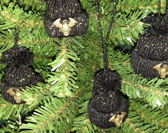 Handcrafted Goth Tree Decorations, Black and Gold Bobble Hats with Skull Embellishments, Set of 6