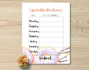 Kindness Tracker for Kids, Kindness journal, sprinkle kindness, kindness printable, childrens printable, girls planner, acts of kindness