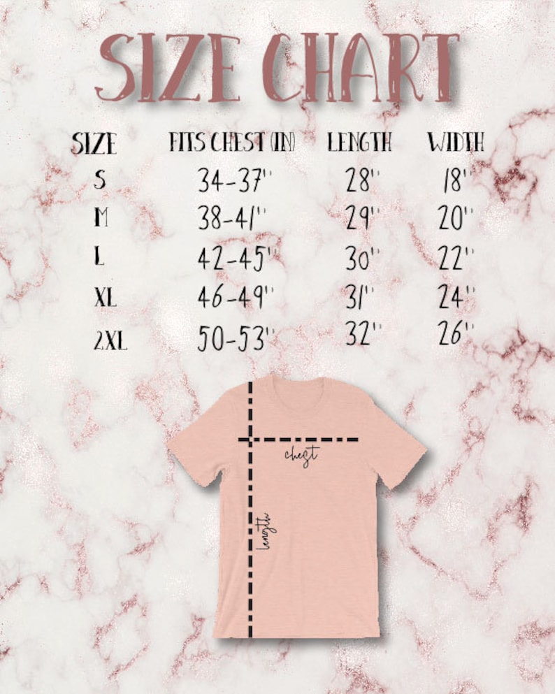 Op de afbeelding: Maattabel voor een T-shirt met maten in inches voor borst, lengte en breedte. De tabel toont de maten S, M, L, XL en 2XL.