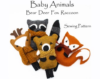 BABY ANIMALS Sewing Pattern and SVG, Bear, Deer, Fox, Raccoon, Plush Animals, Felt Toys, Felt Pattern, Woodland Patterns, Gifts for Friends