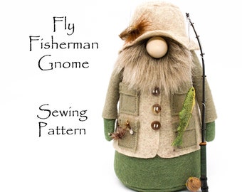 FLY FISHERMAN Gnome Pattern, Gnome Tutorials, Fishing, Outdoors, Fish, Felt Patterns, Doll Making Supplies, Fisherman Doll, Craft Tutorials