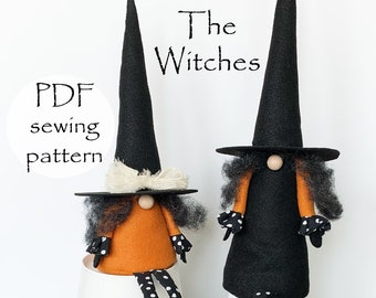 THE WITCHES Gnome pdf Sewing Pattern, 2-Witch Pattern, Halloween Witch Pattern, Halloween Cloth Doll Sewing Patterns, Halloween Doll Pattern