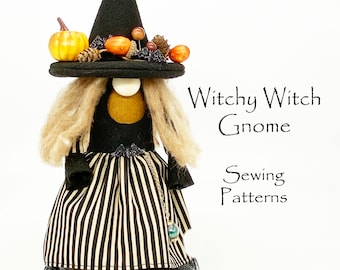 Puede incluir: Patrón de costura para un gnomo de bruja. Un vestido a rayas blancas y negras con un sombrero de bruja negro, una calabaza y un colgante de cristal verde.