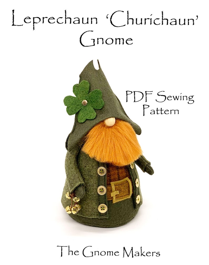 The gnome is dressed in a traditional Irish Leprechaun outfit. Made from beautiful greens and rust colored wool felt. Darling metal buttons.