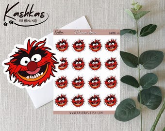 May include: A sheet of planner decor stickers featuring a cartoon character with red fur, a large grin, and white teeth. The stickers are arranged on a white background with the text "Animal" and "www.kashkas.etsy.com". A large sticker of the character is also present.