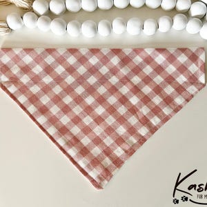 Pink plaid slip on pet bandana, customizable over collar dog bandana, pink plaid pet bandana