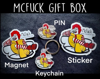 McFuck Gift Set: Sticker, Magnet, Pin & Keychain - Funny White Elephant Gift