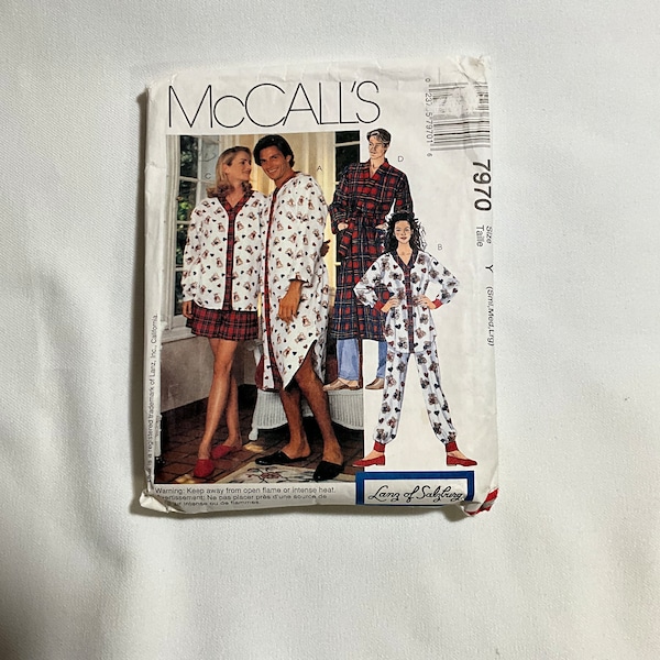 McCall’s 7970 Sewing Pattern Lanz Of Salzburg Misses Men Nightshirt Top Pull-On Pants Shorts Robe Front Buttoned Nightshirt Size S M L