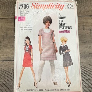 Simplicity 7736 Dress Pattern – Junior Teen A-Line, Lace Jabot, Contrast Collar (Size 13/14)