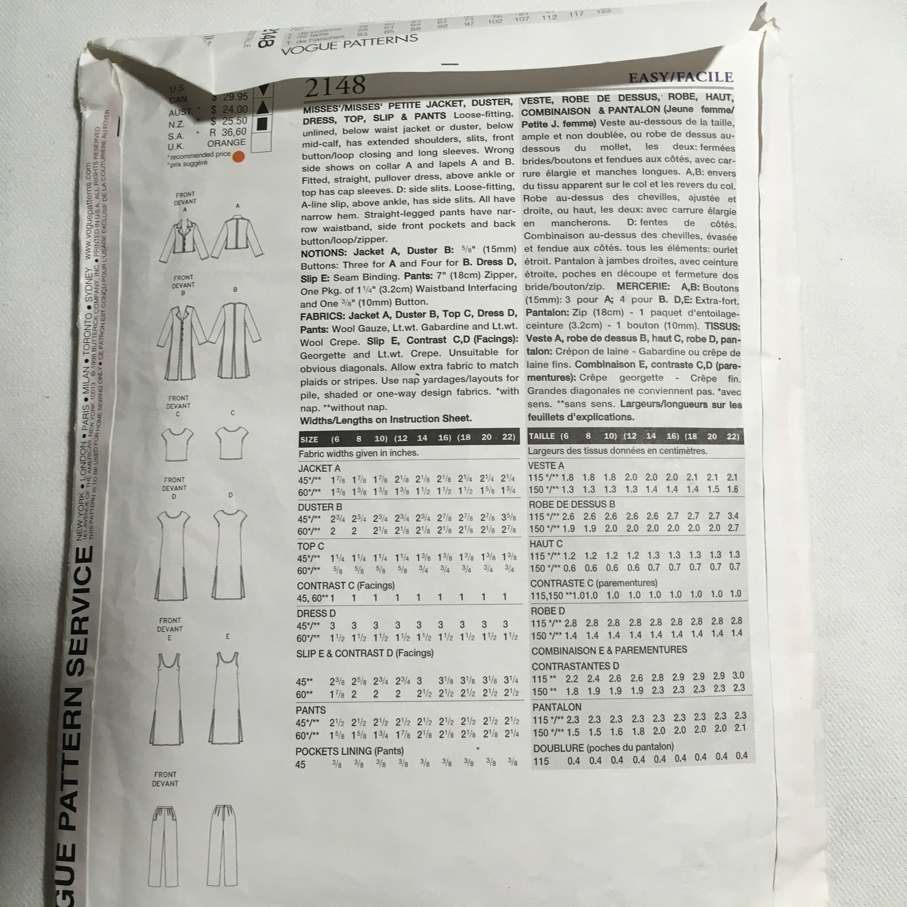 Vogue 2148 Sewing Pattern Misses Petite Jacket Duster Dress Top Slip ...