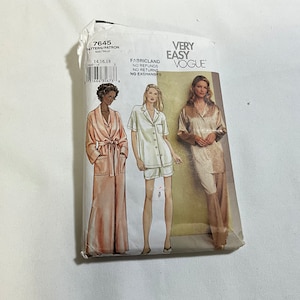 May include: A sewing pattern for a robe, pajamas, and a long nightgown. The pattern is from Very Easy Vogue and is number 7645. The pattern is for sizes 14, 16, and 18.