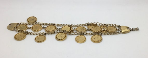 Vintage Gold Tone Faux Coin Charm Bracelet 3 Rows… - image 3