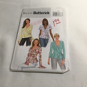 Butterick B4455 Sewing Pattern Misses Top Shirt Blouse Flower Long Short Sleeve Wrap Top Peplum Side Tie  Front Flounce Size 16 18 20 22
