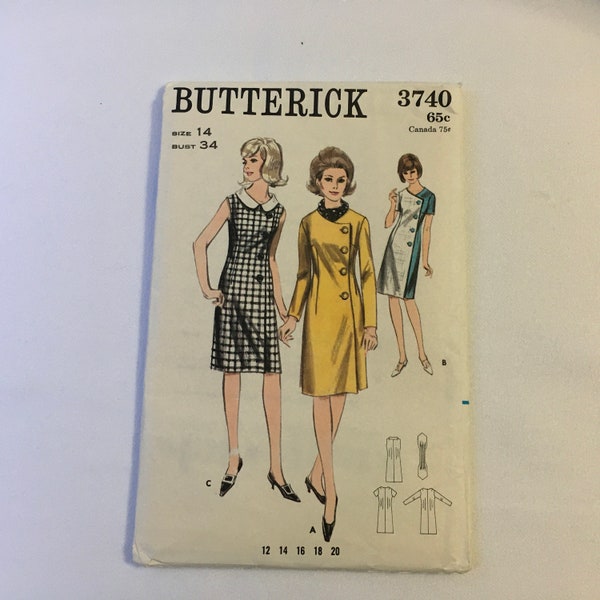 Butterick 3740 Couture Pattern Coat Robe Semi Fitted Side Buttoned Neckline Long Slim Sleeves Contrast Ascot Size 14 Bust 34 non-cut