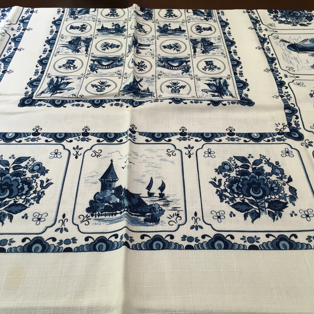 Vintage Blue Delft Dutch Tablecloth Sailboat Ship Windmill Flowers