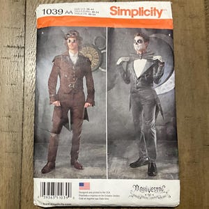 May include: Simplicity sewing pattern number 1039 AA for a steampunk and a skeleton costume. The pattern includes instructions for sizes US 38-44, Euro 48-54, and French 48-54.