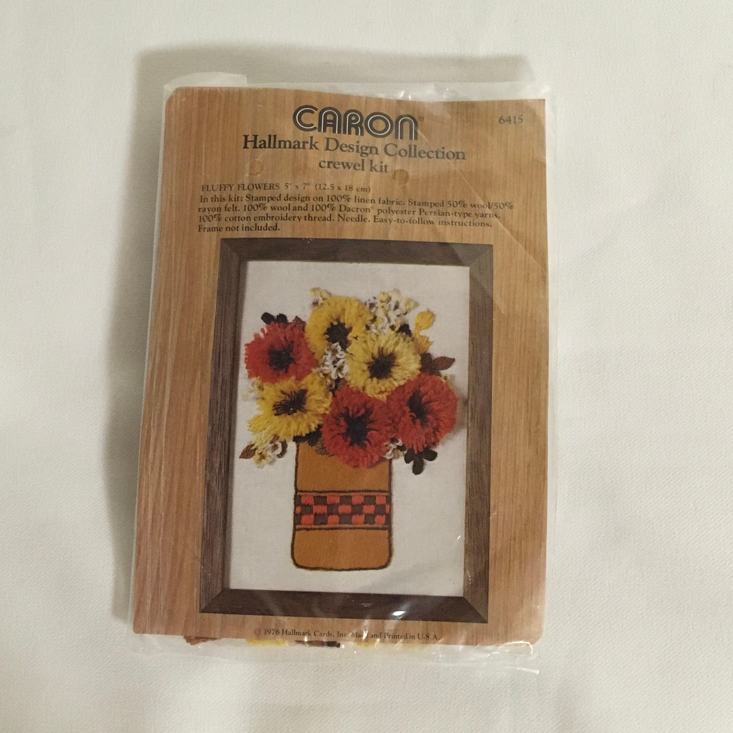 Caron Hallmark Design Collection Crewel Kit 6415 Fluffy Flowers  With Vase 5 “ x 7 “ Yellow Orange Stocking Stuffer Retro 70s