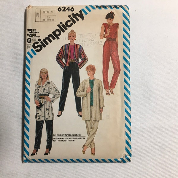 Simplicity 6246 Sewing Pattern Kimono Misses Pull-On Pants Pullover Top UnlinedJacket Two Length's Loose Fitting Pants Size 10 12 14 Uncut