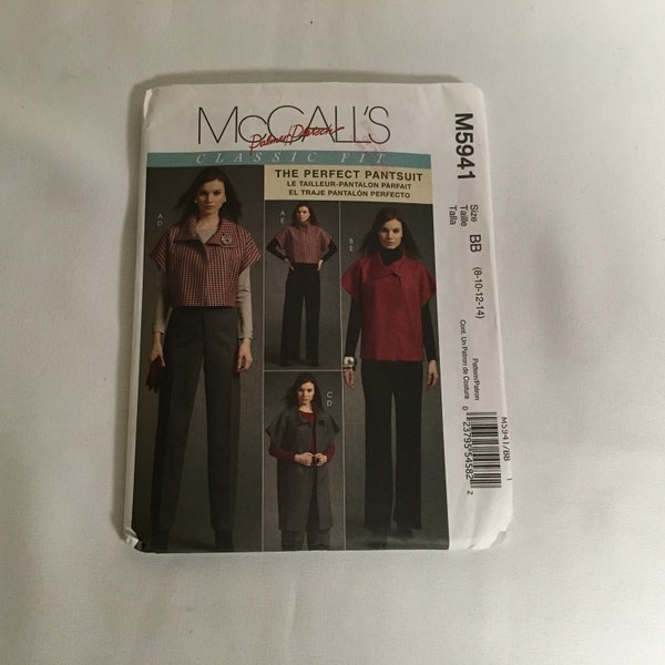 McCall’s M5941 M 5941 Sewing Pattern Pantsuit Cropped Unlined  Jacket Pants Kimono Sleeves Underarm Slit Standup Collar Size 8 10 12 14