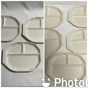 May include: Set of six white divided plates with three sections. The plates are made of a durable plastic material and are perfect for serving meals or snacks.