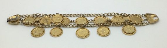 Vintage Gold Tone Faux Coin Charm Bracelet 3 Rows… - image 4