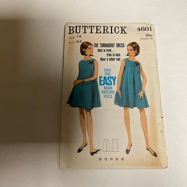 Butterick  4601  Sewing Pattern The Turnabout Dress Back Tent Dress Sleeveless Above- Knee Length Slip Over Dress Inverted Pleat  Size 14