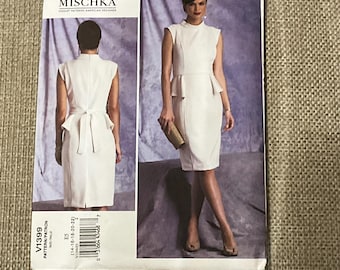 Vogue 2134 Badgley Mischka Sewing Pattern Misses Dress Belt Lined Dress Bias Collar Fitted Bodice Peplum Straight Skirt Size 14 16 18 20 22
