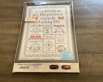 Kit de muestrario de punto de cruz Paragon 0709: Los nietos son la preciosa recompensa de una larga vida. Marco personalizado de 28 x 35,5 cm incluido.